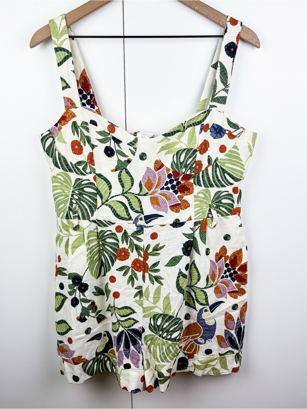 House of Harlow 1960 Tropical Toucan Bird Leaf Floral Linen Blend Romper Large